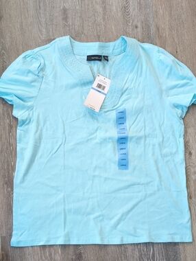 Rafaella Aqua V-Neck Short Sleeve Top